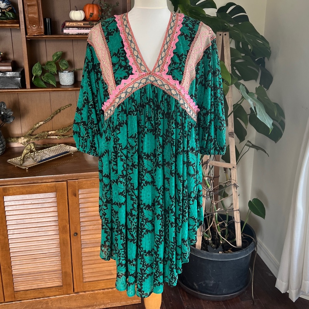 Free People Green Black Floral Boho Moon Child Maxi Top Mini Dress XS